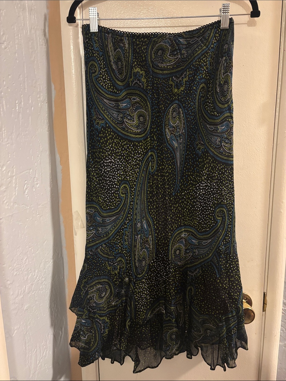 Style & Co. Women’s Flowy Paisley Ruffle Hem Skirt in Black, Turquoise and Olive